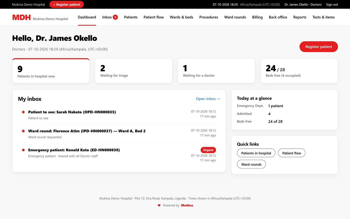 A doctor's dashboard with patients in hospital and an inbox of next tasks