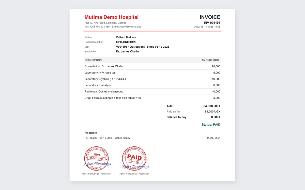 A printed invoice with every charge on the visit, the receipt, and the Finance and PAID stamps