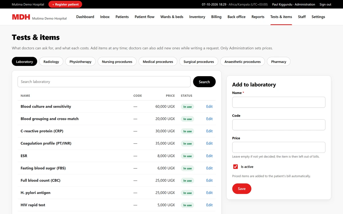 Laboratory price list, where Administration sets the price of each test